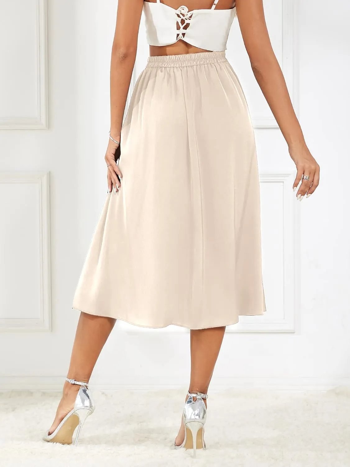 Women's 2023 Satin Elastic High Waist Asymmetrical Ruffle Hem Pleated A-line Flare High Low Midi Skirt
