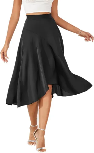 Women's 2023 Satin Elastic High Waist Asymmetrical Ruffle Hem Pleated A-line Flare High Low Midi Skirt