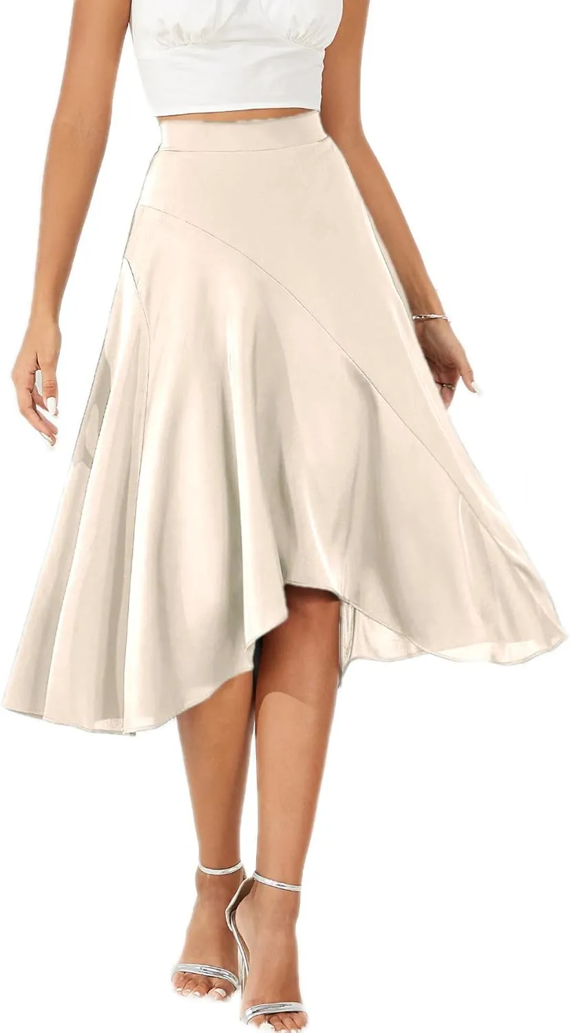 Women's 2023 Satin Elastic High Waist Asymmetrical Ruffle Hem Pleated A-line Flare High Low Midi Skirt
