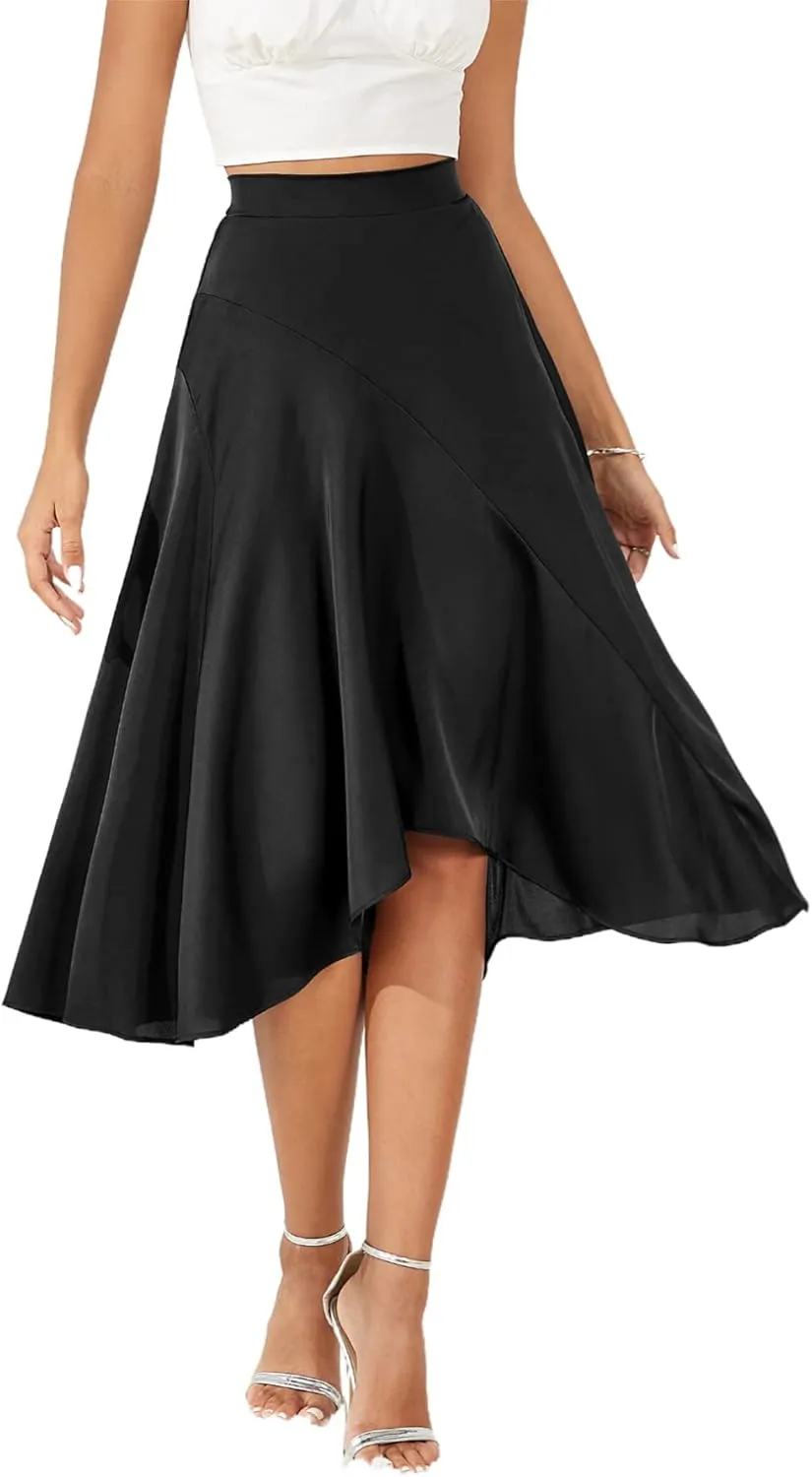 Women's 2023 Satin Elastic High Waist Asymmetrical Ruffle Hem Pleated A-line Flare High Low Midi Skirt
