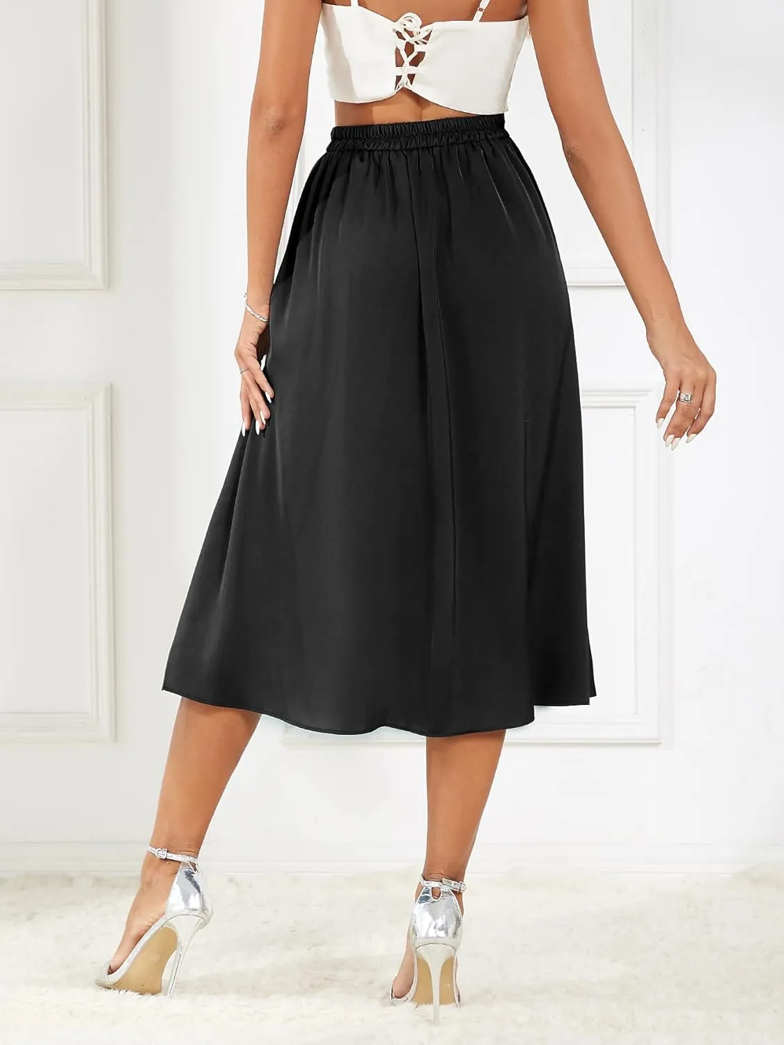 Women's 2023 Satin Elastic High Waist Asymmetrical Ruffle Hem Pleated A-line Flare High Low Midi Skirt