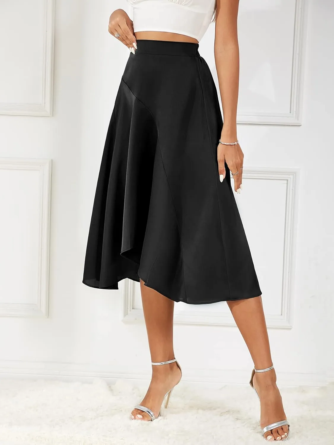 Women's 2023 Satin Elastic High Waist Asymmetrical Ruffle Hem Pleated A-line Flare High Low Midi Skirt
