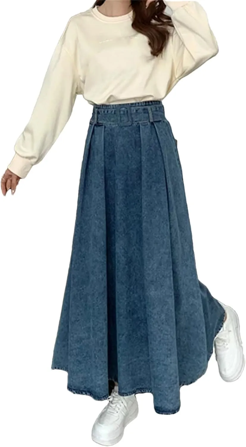 Women's A-Line Denim Pleated Skirt Long Denim Skirt Harajuku Korean Style Denim Skirt