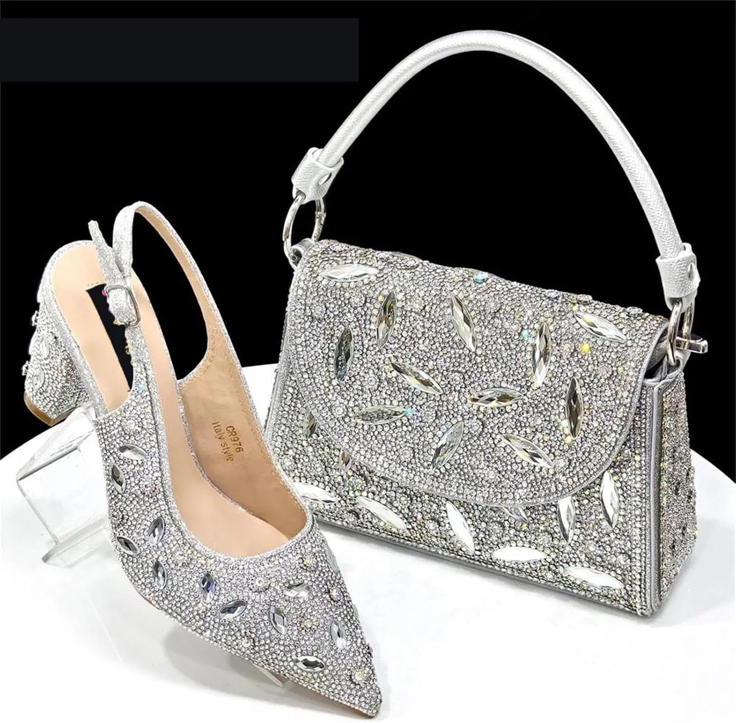 Womens African Themed Sparkly Wedding Shoes and Purse Combo Crystal Embellished Heels for Formal