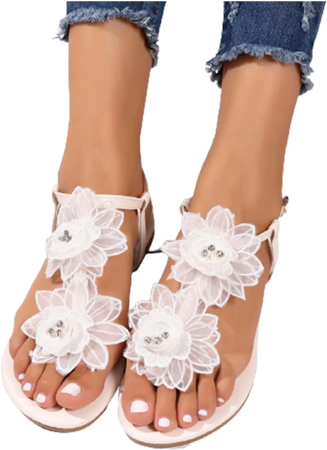 Womens Ankle Strappy Flat Sandals Wedge Heel Open Toe Slingback Flower Shoes Casual Sandal Women Walking Sandal