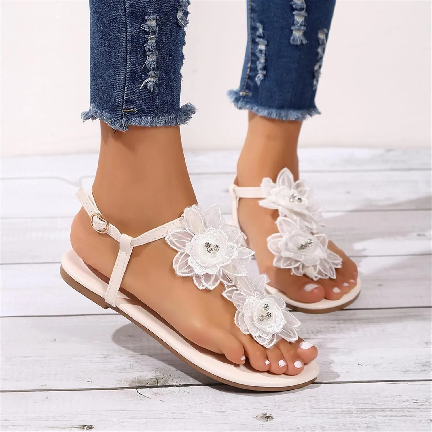 Womens Ankle Strappy Flat Sandals Wedge Heel Open Toe Slingback Flower Shoes Casual Sandal Women Walking Sandal
