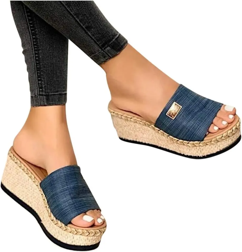 Women's Black Platform Wedge Sandals, Casual Open Toe Espadrilles, Slip On, Adjustable Strap, Leather Insole, Suede Upper, Summer, Boho, Beach, Outdoor