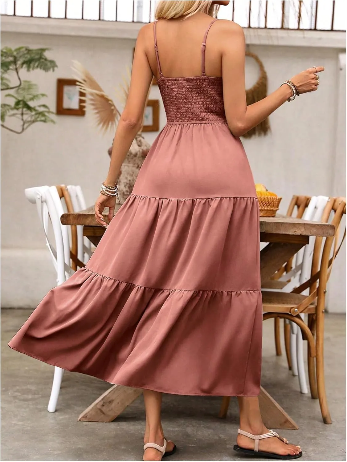 Women's Boho Cami Maxi Dress Vacation Ruffle Flowy Milkmaid Dress Summer Ruched Slit Sundress