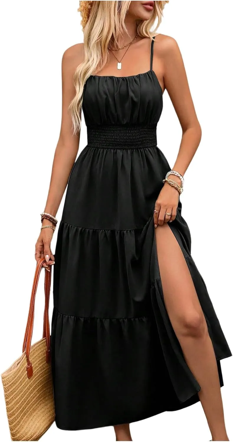 Women's Boho Cami Maxi Dress Vacation Ruffle Flowy Milkmaid Dress Summer Ruched Slit Sundress