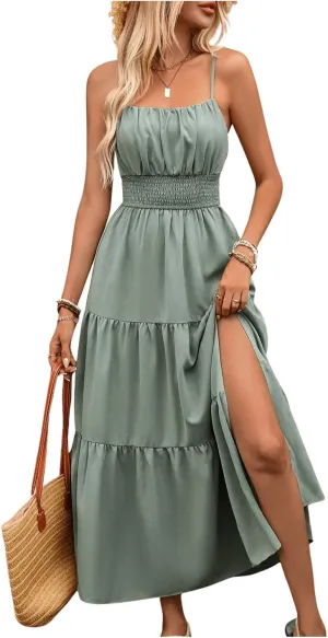 Women's Boho Cami Maxi Dress Vacation Ruffle Flowy Milkmaid Dress Summer Ruched Slit Sundress