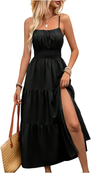 Women's Boho Cami Maxi Dress Vacation Ruffle Flowy Milkmaid Dress Summer Ruched Slit Sundress