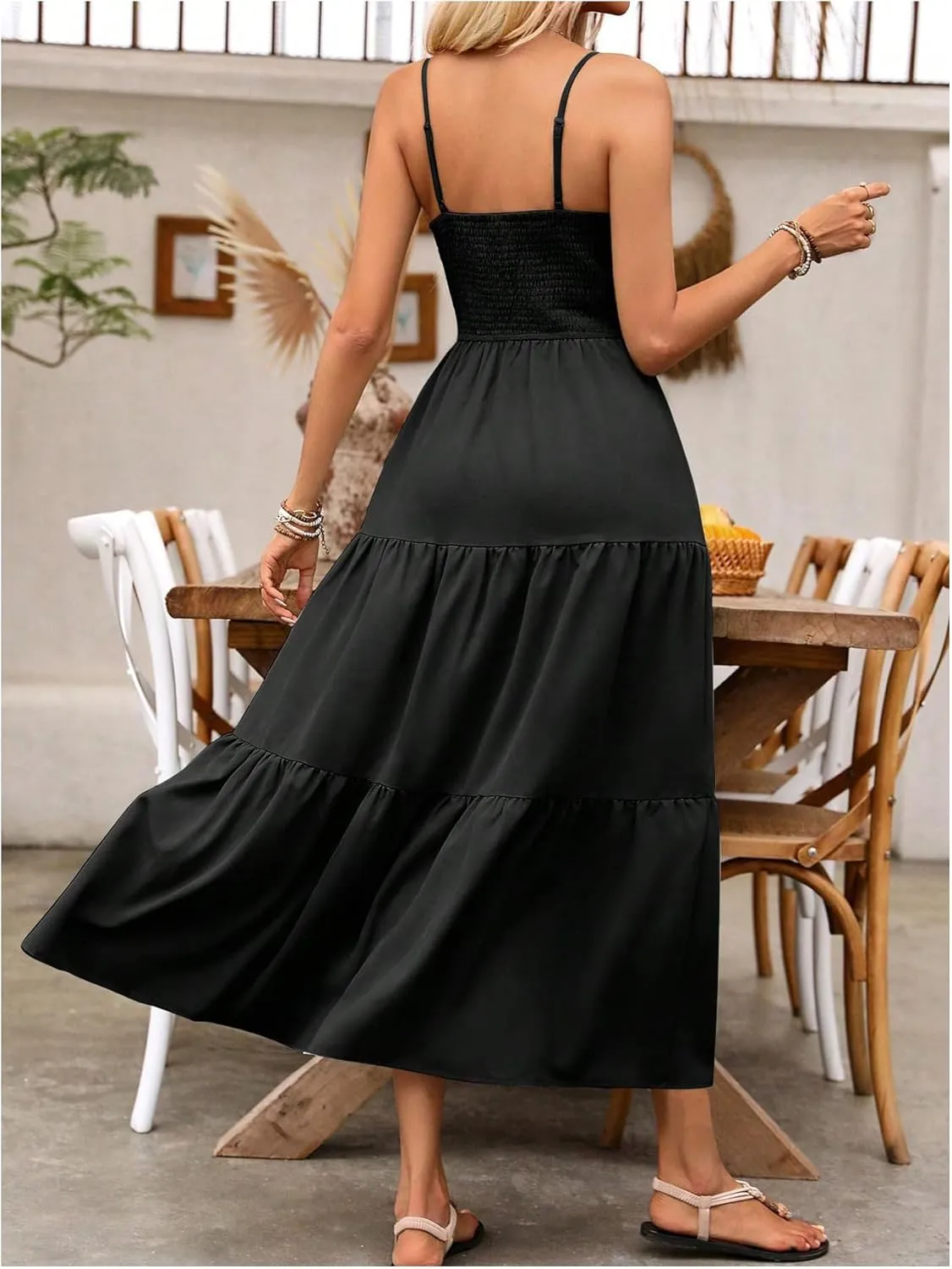 Women's Boho Cami Maxi Dress Vacation Ruffle Flowy Milkmaid Dress Summer Ruched Slit Sundress