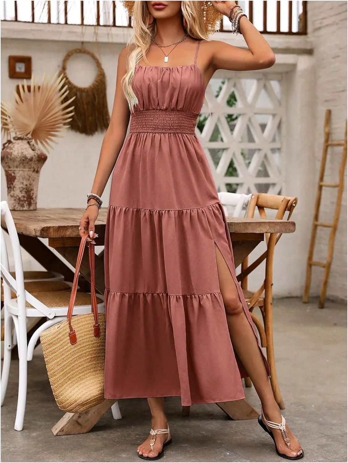 Women's Boho Cami Maxi Dress Vacation Ruffle Flowy Milkmaid Dress Summer Ruched Slit Sundress