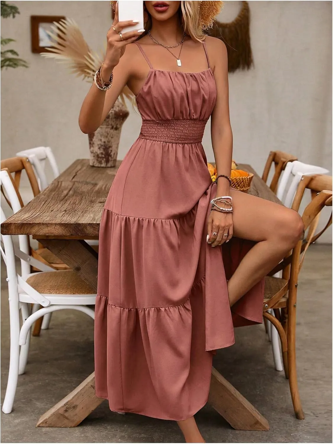 Women's Boho Cami Maxi Dress Vacation Ruffle Flowy Milkmaid Dress Summer Ruched Slit Sundress