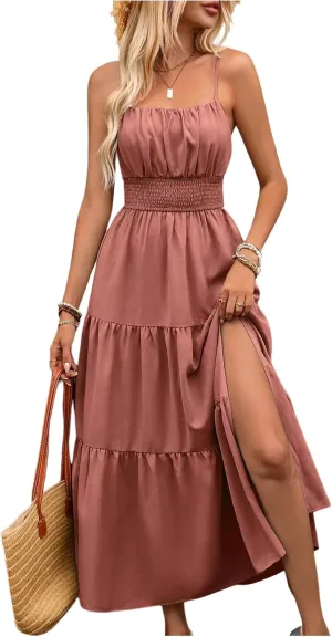 Women's Boho Cami Maxi Dress Vacation Ruffle Flowy Milkmaid Dress Summer Ruched Slit Sundress