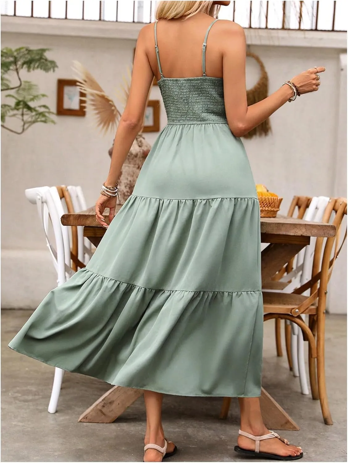 Women's Boho Cami Maxi Dress Vacation Ruffle Flowy Milkmaid Dress Summer Ruched Slit Sundress