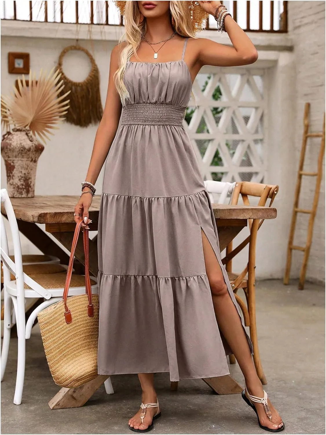 Women's Boho Cami Maxi Dress Vacation Ruffle Flowy Milkmaid Dress Summer Ruched Slit Sundress