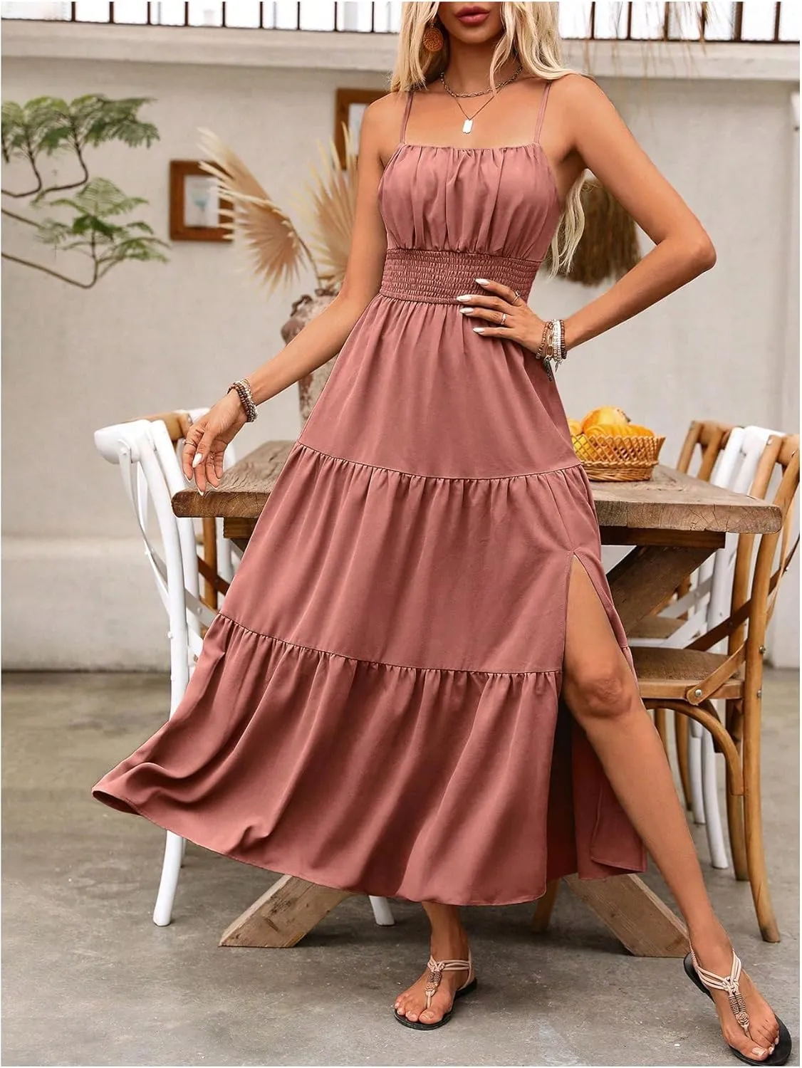 Women's Boho Cami Maxi Dress Vacation Ruffle Flowy Milkmaid Dress Summer Ruched Slit Sundress