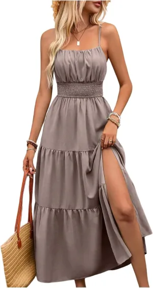 Women's Boho Cami Maxi Dress Vacation Ruffle Flowy Milkmaid Dress Summer Ruched Slit Sundress