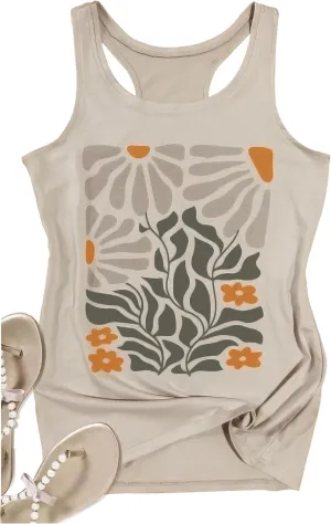Womens Boho Floral Tank Tops Vintage Mandala Racerback Tank Summer Short Sleeve Tank Cute Tank Tops