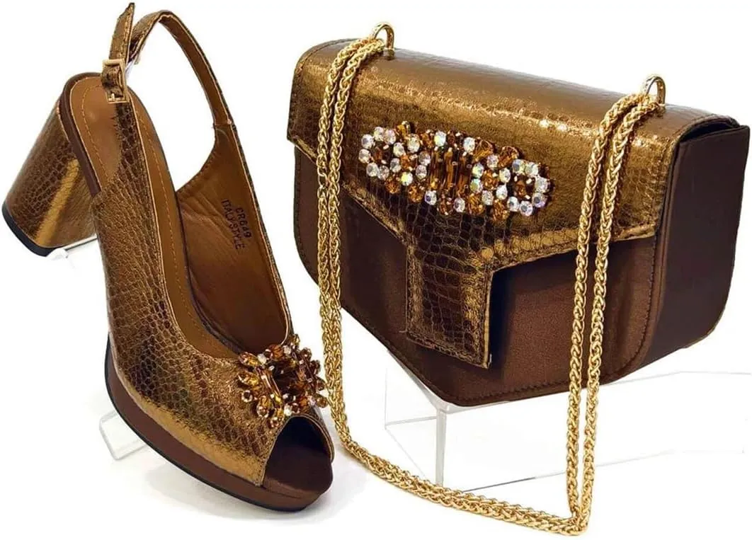 WomenS Brown Open Toe High Heels and Matching Bag Set with Rhinestone Decorations for Fashion Parties