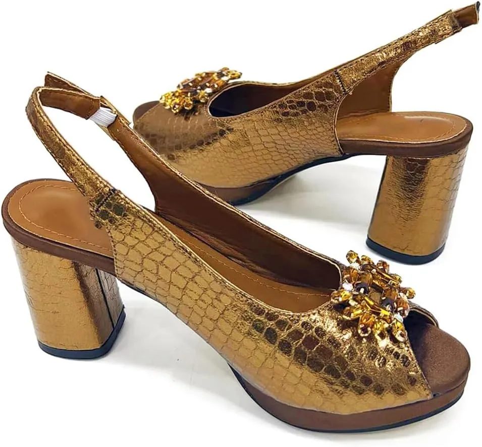 WomenS Brown Open Toe High Heels and Matching Bag Set with Rhinestone Decorations for Fashion Parties