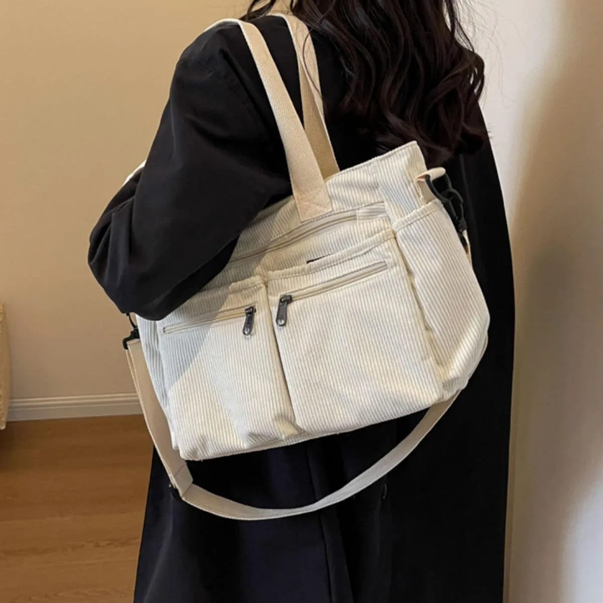 Womens Casual Corduroy Satchel Totes Handbags Large Capacity Tote Bag Purse Multiple Pockets Satchel Bag