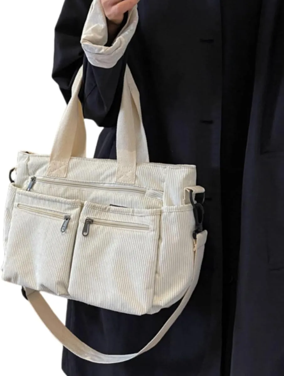 Womens Casual Corduroy Satchel Totes Handbags Large Capacity Tote Bag Purse Multiple Pockets Satchel Bag