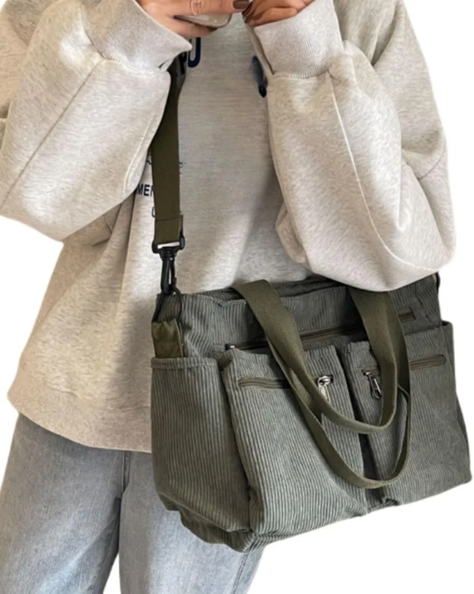 Womens Casual Corduroy Satchel Totes Handbags Large Capacity Tote Bag Purse Multiple Pockets Satchel Bag