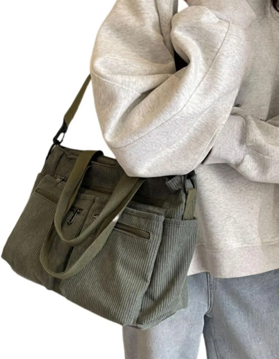 Womens Casual Corduroy Satchel Totes Handbags Large Capacity Tote Bag Purse Multiple Pockets Satchel Bag