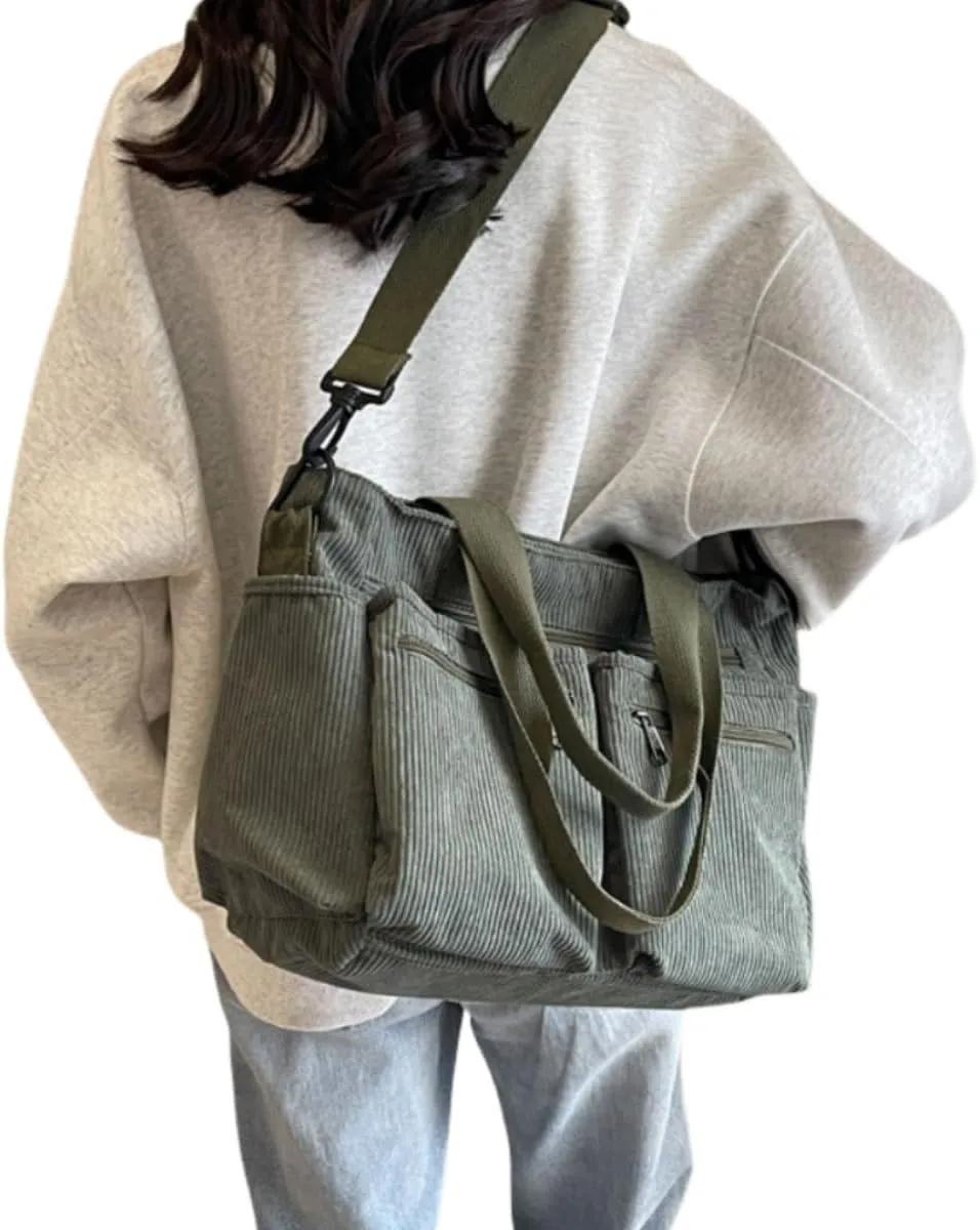 Womens Casual Corduroy Satchel Totes Handbags Large Capacity Tote Bag Purse Multiple Pockets Satchel Bag