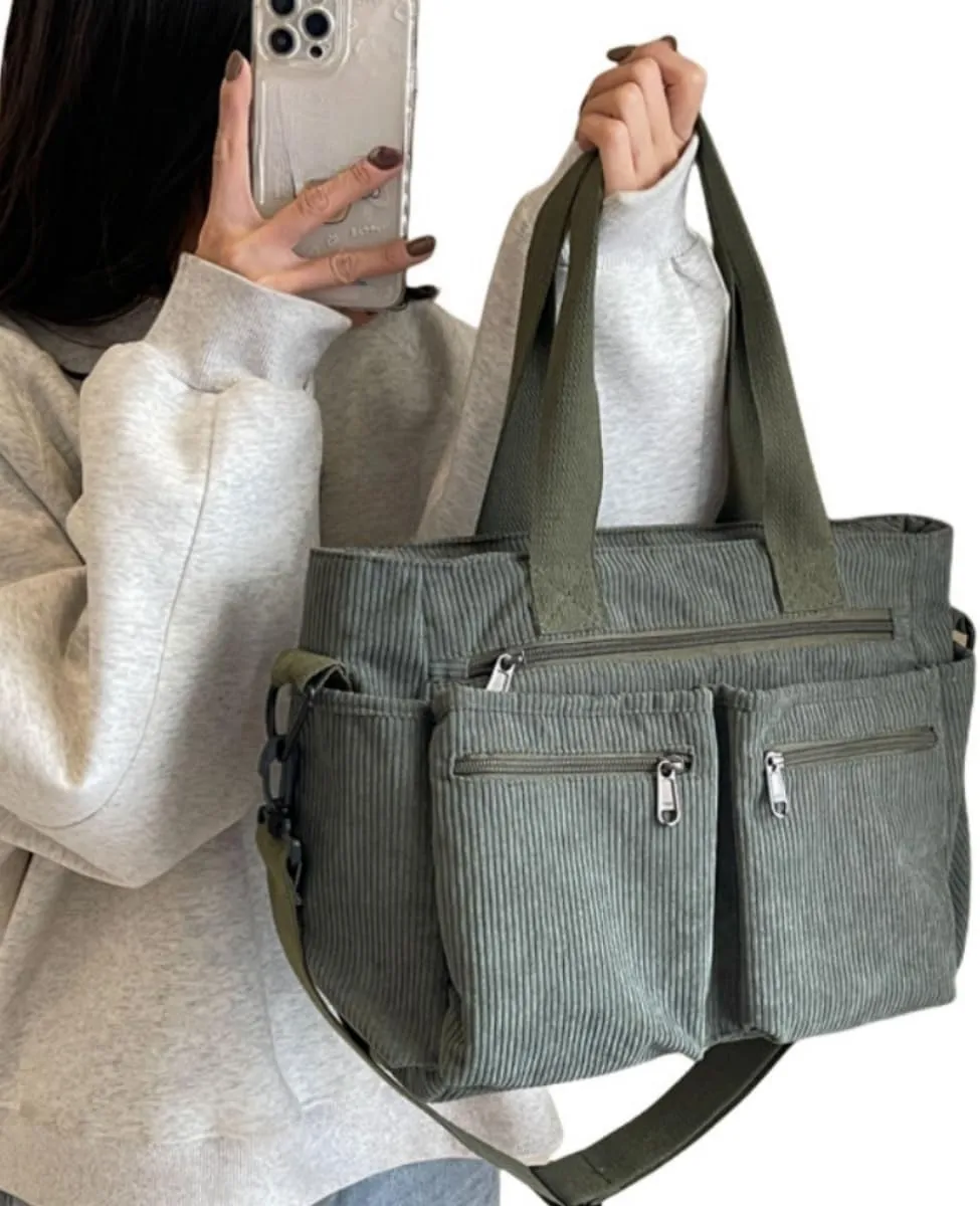 Womens Casual Corduroy Satchel Totes Handbags Large Capacity Tote Bag Purse Multiple Pockets Satchel Bag