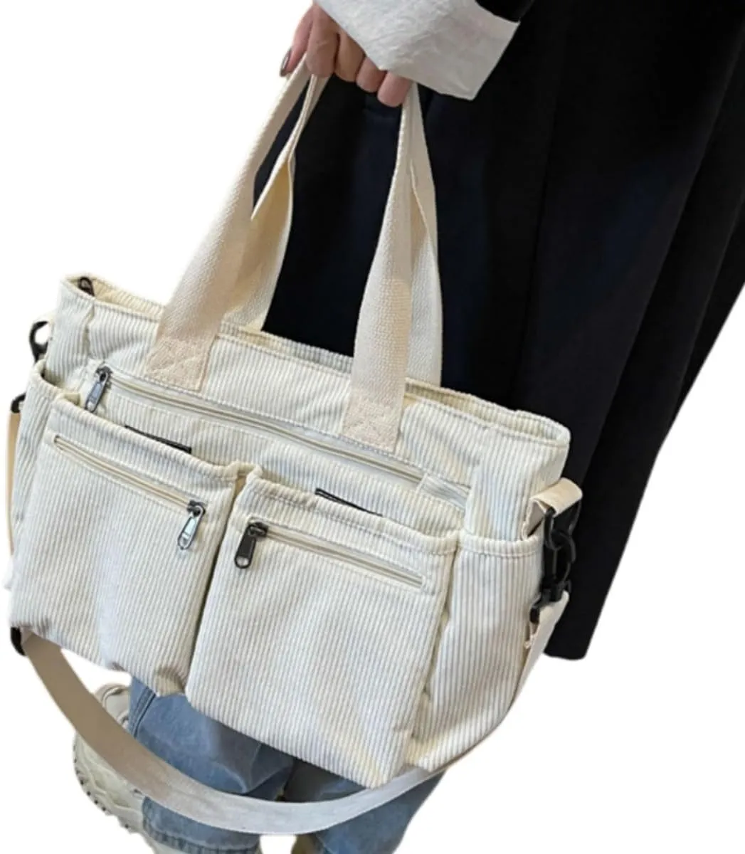Womens Casual Corduroy Satchel Totes Handbags Large Capacity Tote Bag Purse Multiple Pockets Satchel Bag