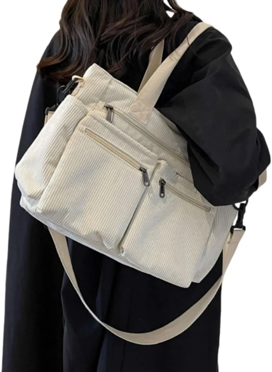 Womens Casual Corduroy Satchel Totes Handbags Large Capacity Tote Bag Purse Multiple Pockets Satchel Bag