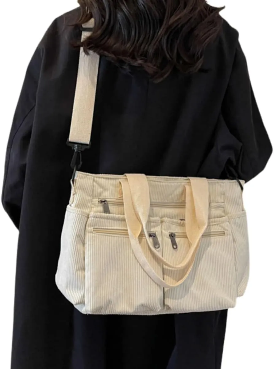 Womens Casual Corduroy Satchel Totes Handbags Large Capacity Tote Bag Purse Multiple Pockets Satchel Bag