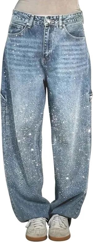 Women's Casual Loose Harem Jeans Baggy Wide Leg Jeans High Waisted Washed Distressed Straight Bling Denim Pants