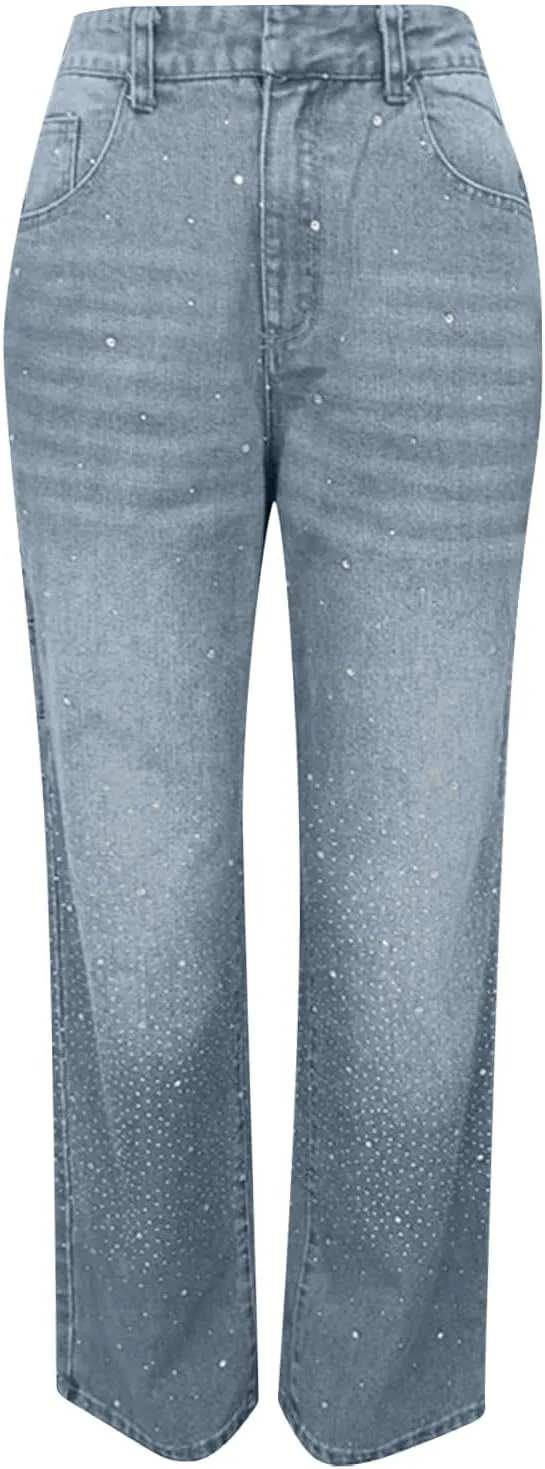 Women's Casual Loose Harem Jeans Baggy Wide Leg Jeans High Waisted Washed Distressed Straight Bling Denim Pants