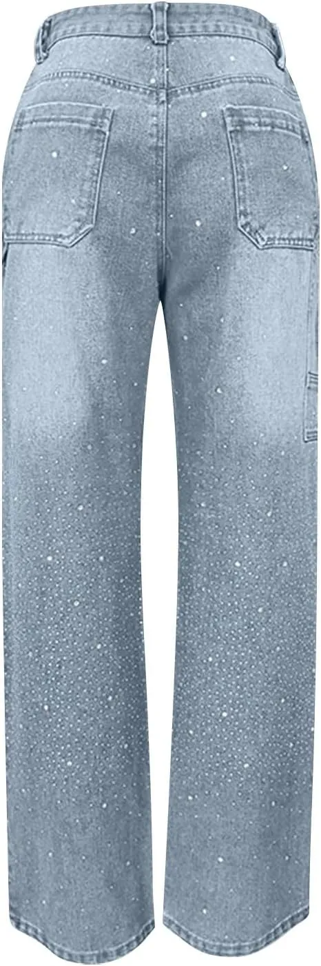 Women's Casual Loose Harem Jeans Baggy Wide Leg Jeans High Waisted Washed Distressed Straight Bling Denim Pants