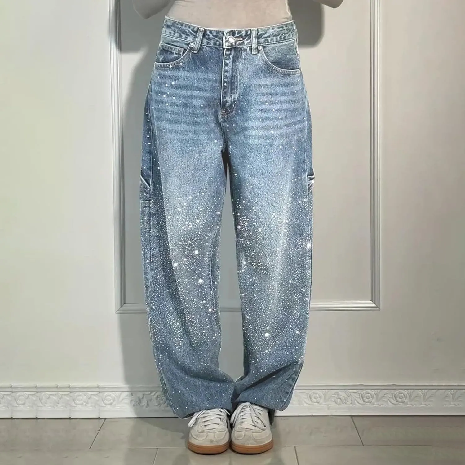 Women's Casual Loose Harem Jeans Baggy Wide Leg Jeans High Waisted Washed Distressed Straight Bling Denim Pants