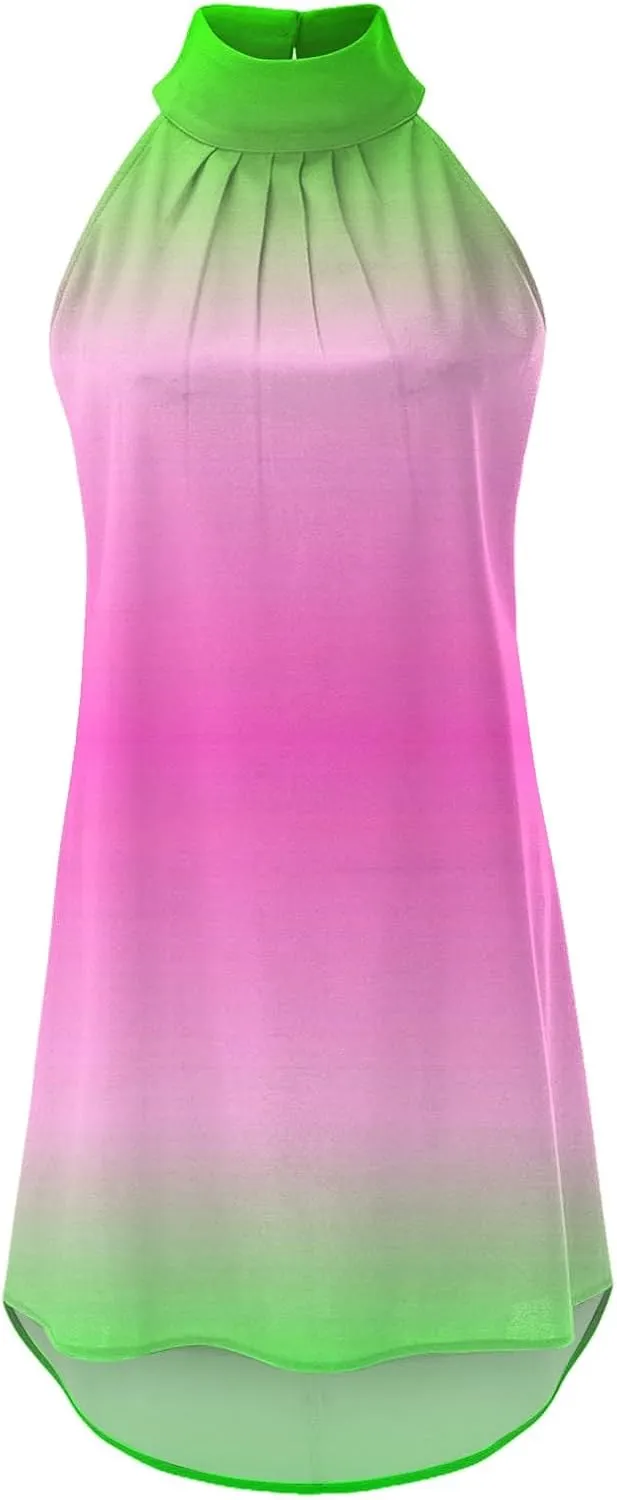 Women's Casual Tie Back Halter Neck Flared Hem Flowy Pleated Beach Sundress Sleeveless Summer A Dresses for Juniors