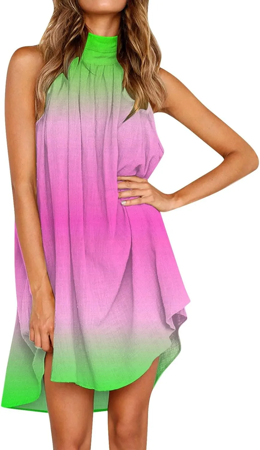 Women's Casual Tie Back Halter Neck Flared Hem Flowy Pleated Beach Sundress Sleeveless Summer A Dresses for Juniors