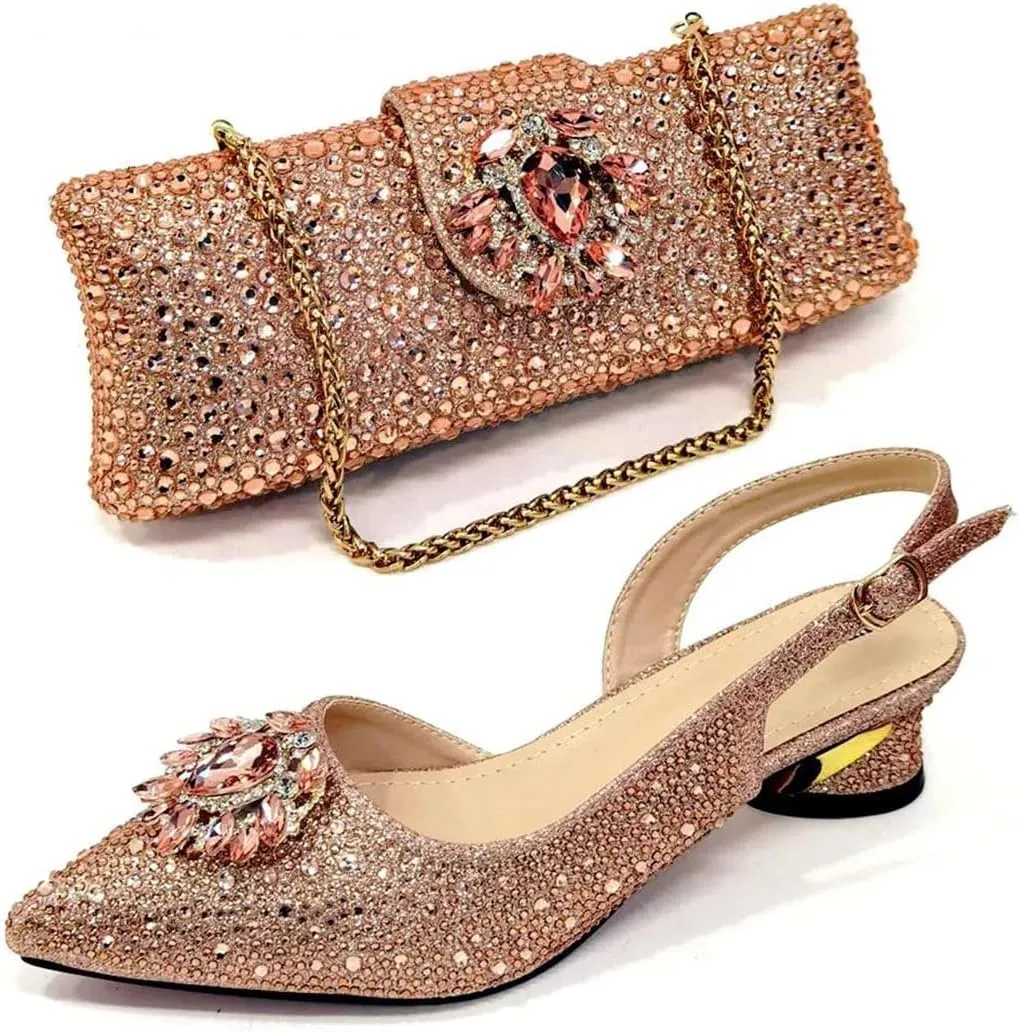 WomenS Champagne Rhinestone Embellished High Heels and Matching Bag Set for Elegant Parties
