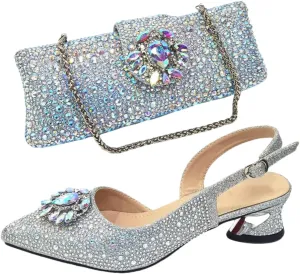WomenS Champagne Rhinestone Embellished High Heels and Matching Bag Set for Elegant Parties