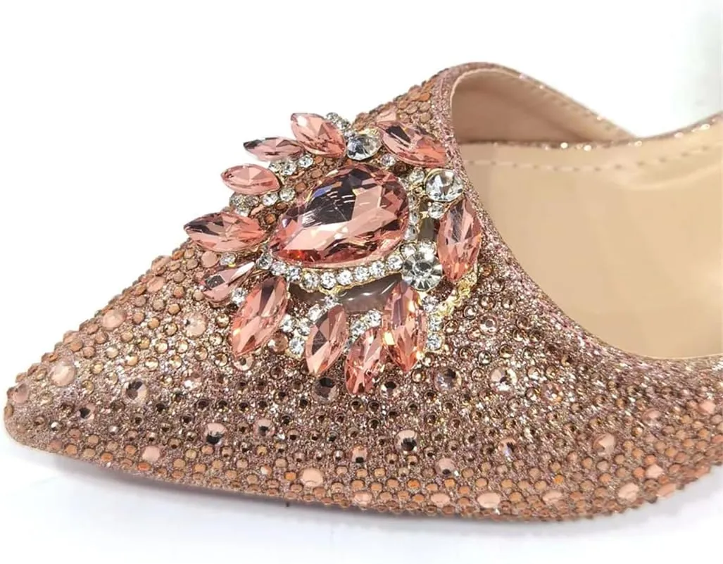 WomenS Champagne Rhinestone Embellished High Heels and Matching Bag Set for Elegant Parties