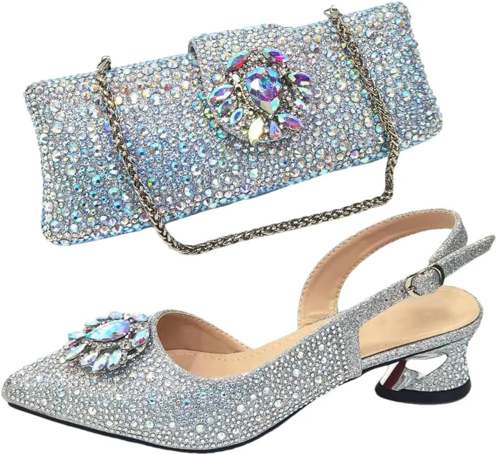 WomenS Champagne Rhinestone Embellished High Heels and Matching Bag Set for Elegant Parties
