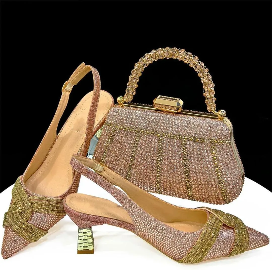 WomenS Champagne Rhinestone High Heels and Matching Bag Set with Spike Heel for Party