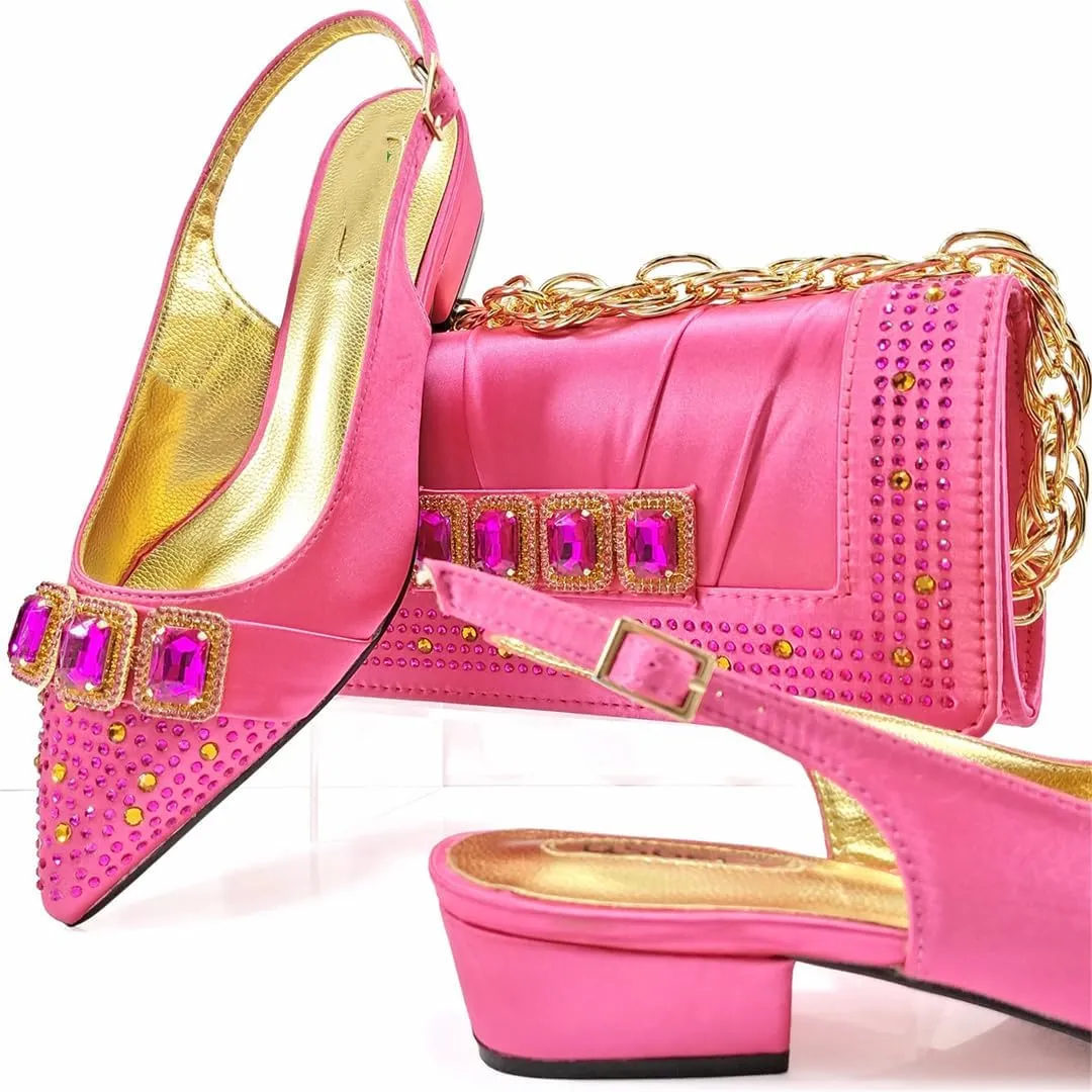 WomenS Classic Italian Shoes and Bag Set for Garden Party with Square Heel and Slingback Design