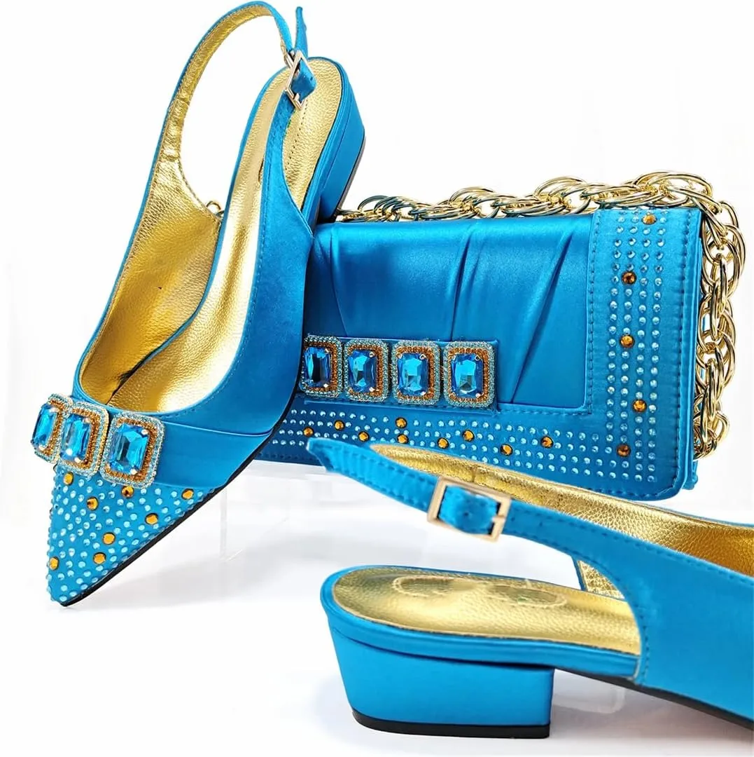 WomenS Classic Italian Shoes and Bag Set for Garden Party with Square Heel and Slingback Design