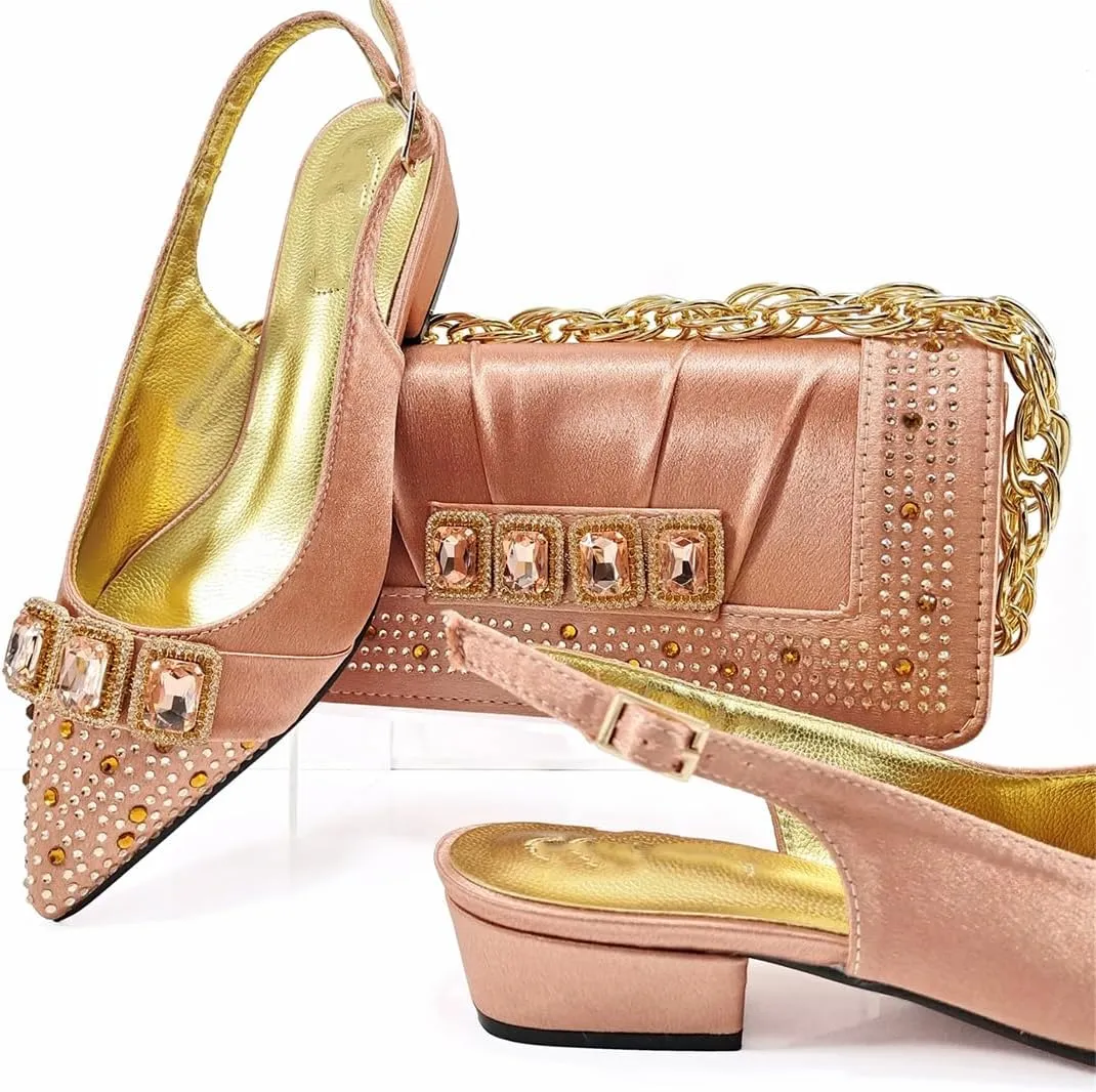 WomenS Classic Italian Shoes and Bag Set for Garden Party with Square Heel and Slingback Design