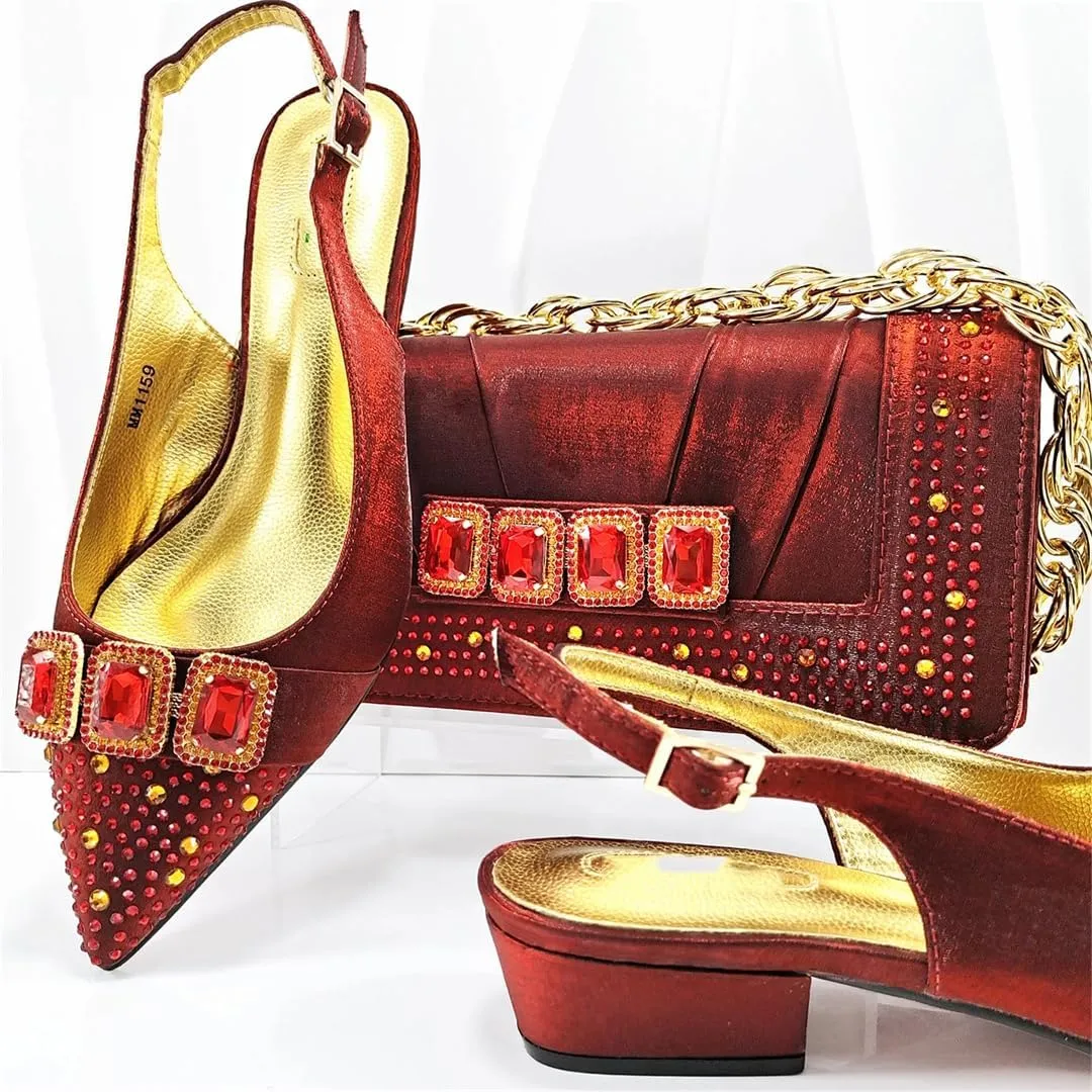 WomenS Classic Italian Shoes and Bag Set for Garden Party with Square Heel and Slingback Design
